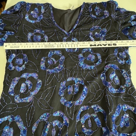 Vintage Sequined Top 100% Silk Blouse Glam Laurence Kazar Black Blue‎ Size 1X - Picture 6 of 11